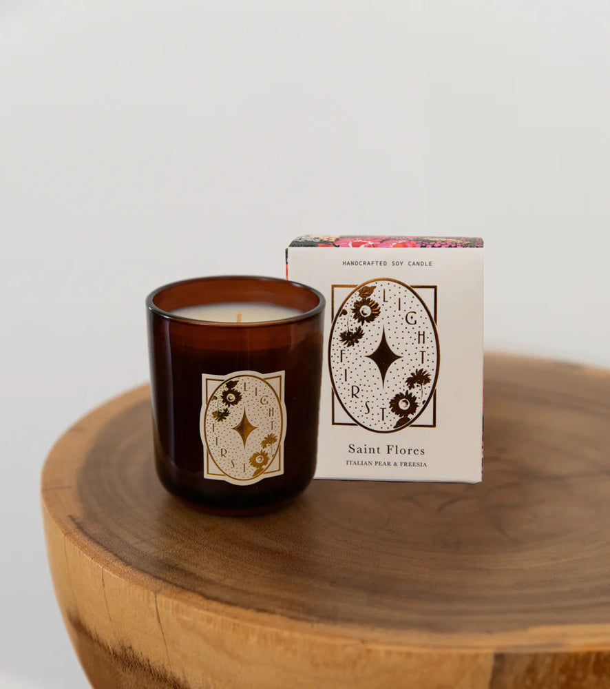 Introducing our limited edition Saint Flores Soy Candle in Italian Pear and Freesia – the perfect addition to your home or as a thoughtful gift for someone special.