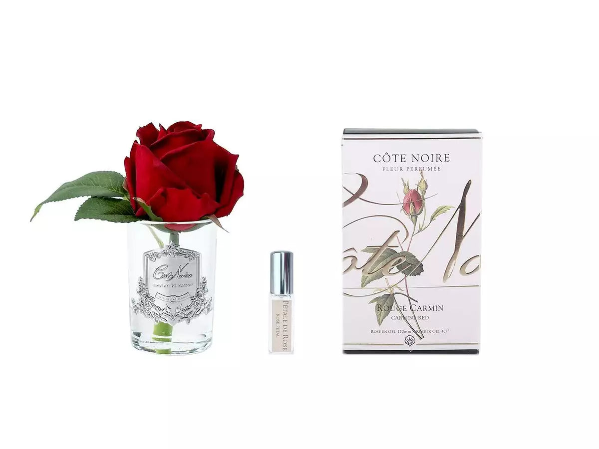 Rose Bud Carmine Red clear glass w silver crest