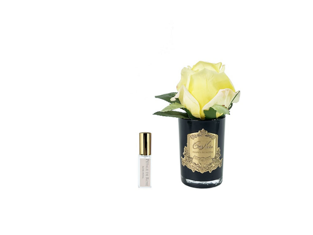 Rose Bud Yellow black glass w gold badge