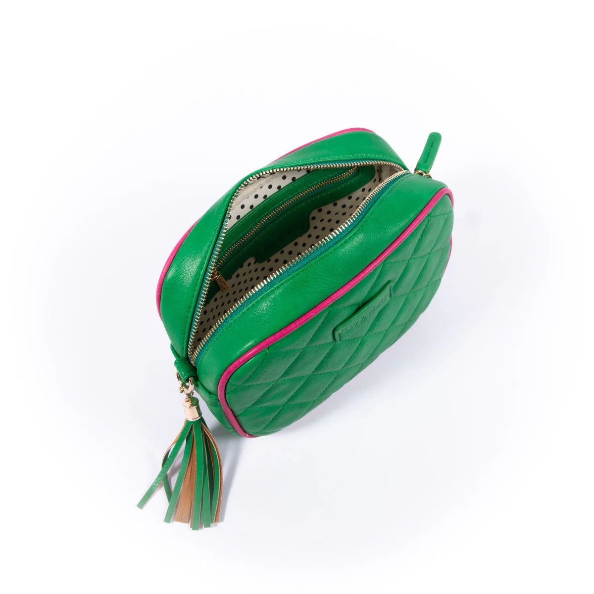 The Liv & Milly Sally Quilted Crossbody in Green / Pink is a classic & versatile crossbody bag crafted from a gorgeous soft vegan leather.