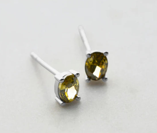 Oval Crystal Stud - Green - 925 Sterling Silver - Silver