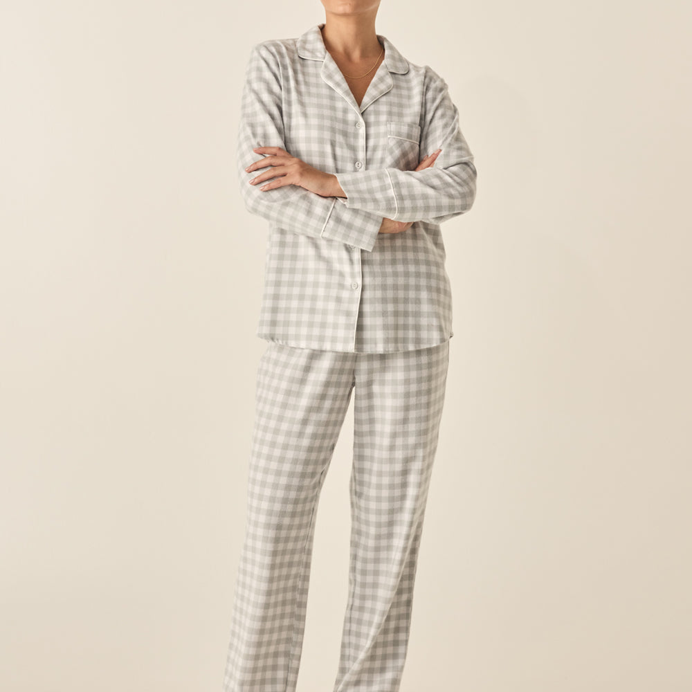 Our Cassia style pyjamas are crafted from high-quality brushed cotton, making them incredibly soft and warm against your skin.