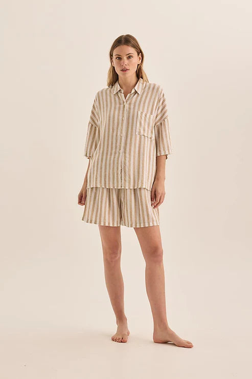 Evie Natural Stripe Linen Short Set - Large