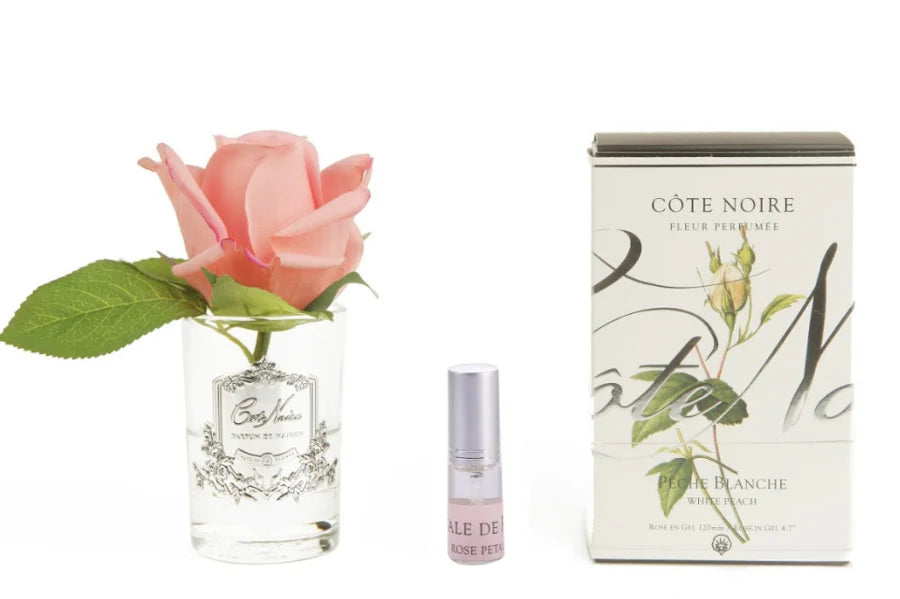 Rose Bud White Peach clear glass w silver crest