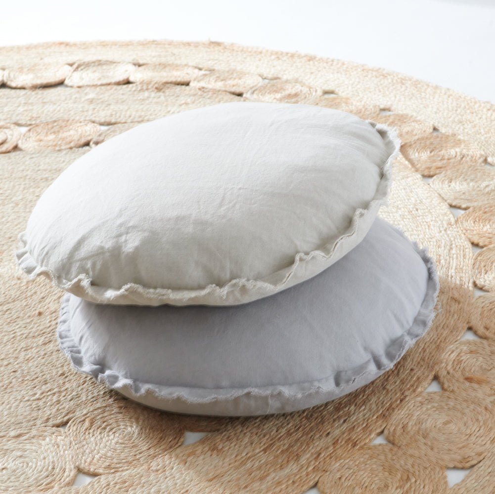 Our "Lulu" is a 100% European linen round cushion, with a fine frayed edge detail.